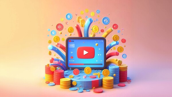 مانیتور کامپیوتر با لوگوی یوتیوب و سکه های پول که از آن خارج می شوند