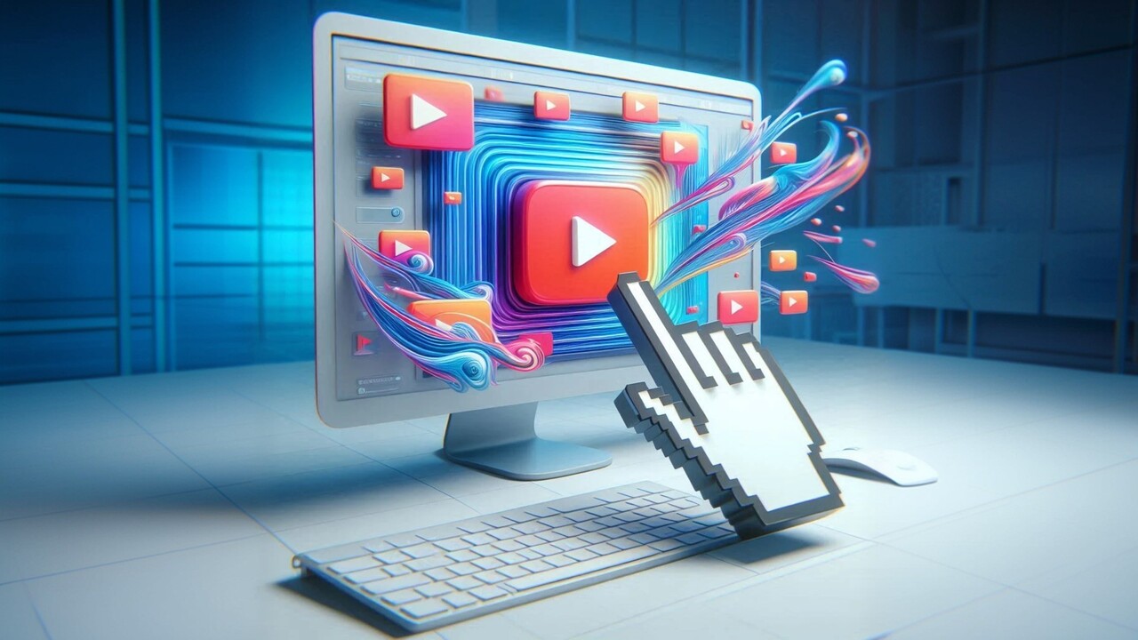 دست دیجیتال در حال اشاره به تامنیل ویدیو در یوتیوب روی صفحه کامپیوتر برای تغییر آن