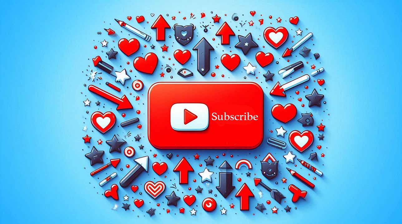 increase-subscribe-button دکمه اشتراک یوتیوب با آیکونهای قلب، ستاره و فلش رو به بالا در فضای شاد دیجیتال -افزایش سابسکرایبر یوتیوب
